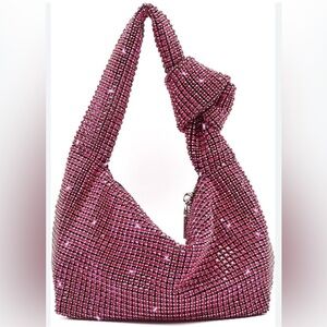 Madison West Knotted Pink Rhinestone Dumpling Embellished Evening Handbag Purse